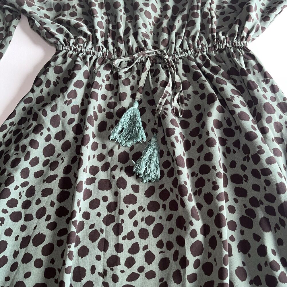 Main Strip Women's Green Black Leopard Long Sleeve Dress Ruffled Size Medium - Picture 7 of 15